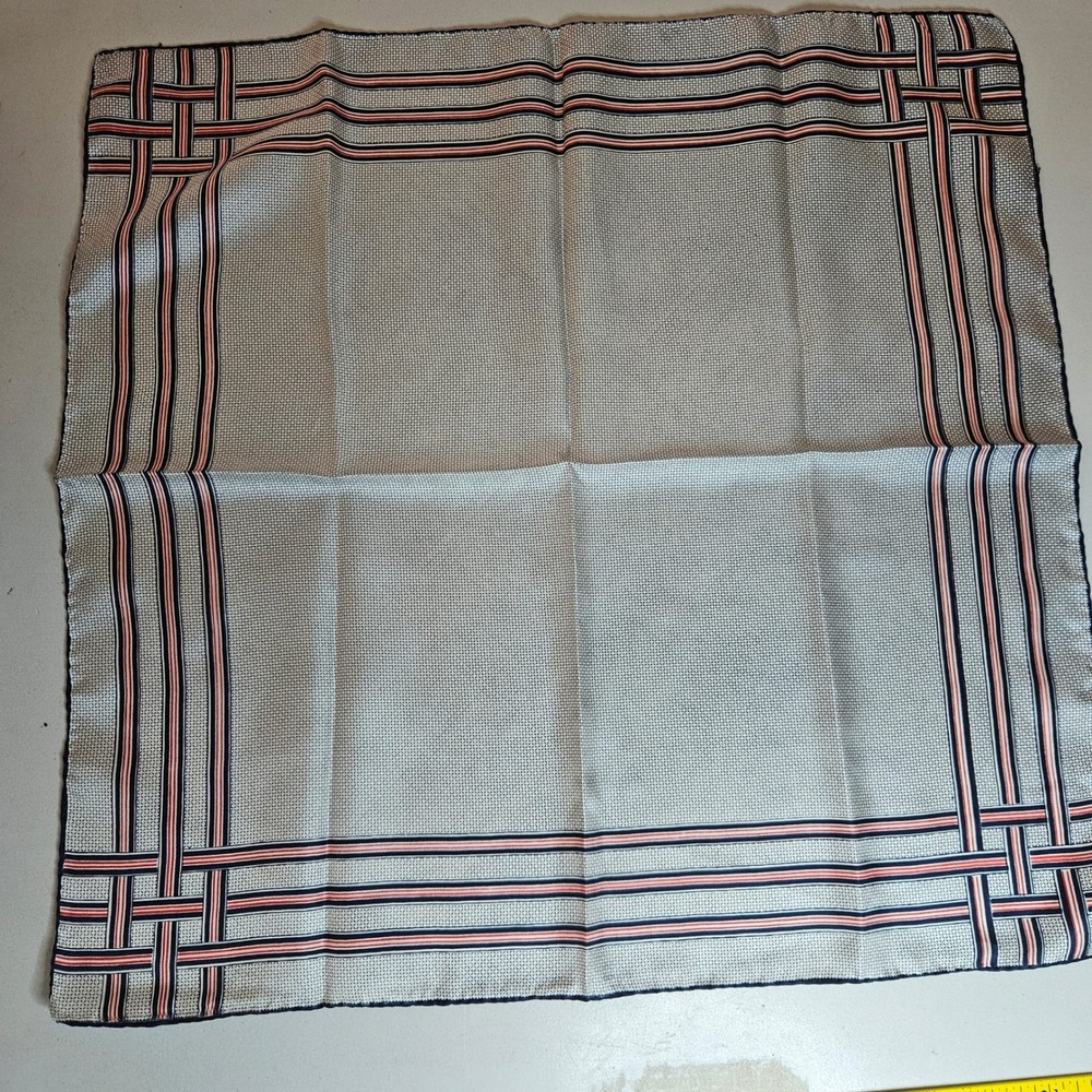 Vtg Ashear Silk Pocket Square Grey Red Blue Striped Border Hand Rolled Italy